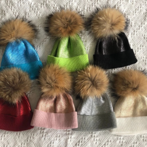 Metallic pom pom hat