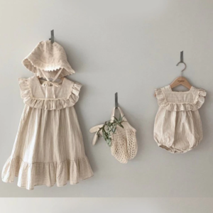 Striped ruffle bib dress/romper