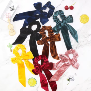 Velvet bow/ satin print hair tie