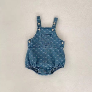 Embroidered denim romper